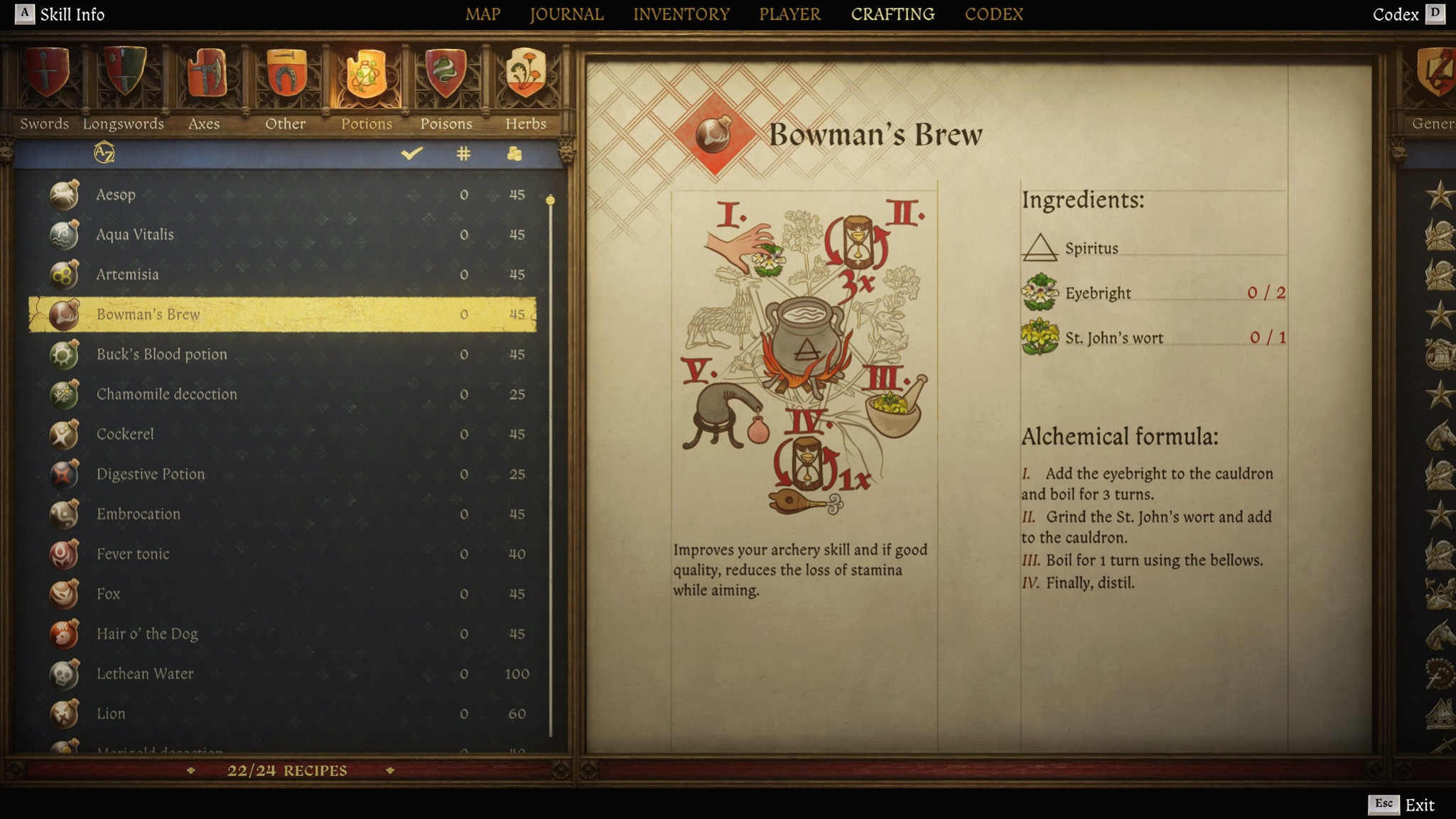 Экран создания предметов в Kingdom Come: Deliverance 2 с инструкцией и иллюстрацией рецепта «Снадобье стрелка».
