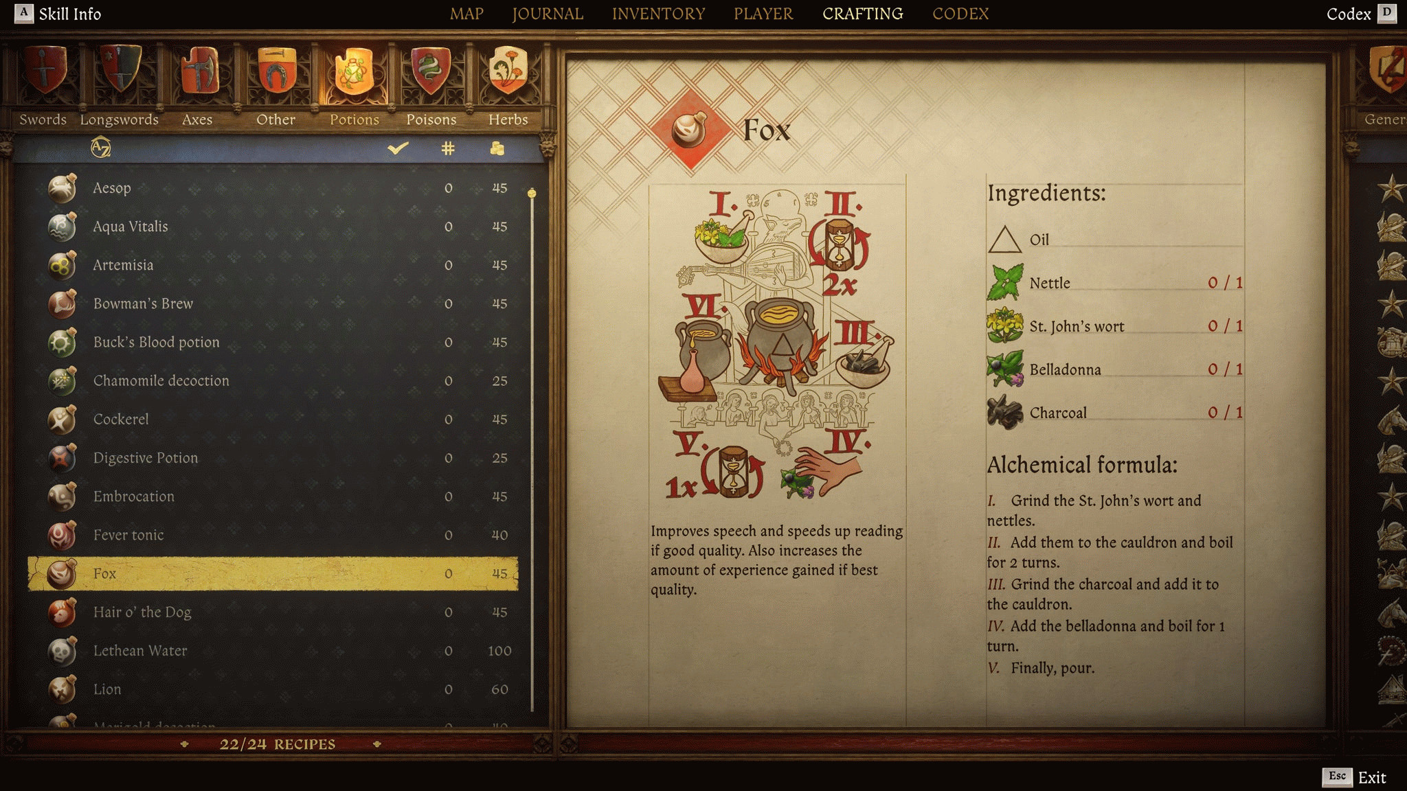 Экран создания предметов в Kingdom Come: Deliverance 2 с инструкцией и иллюстрацией рецепта «Краснобай».