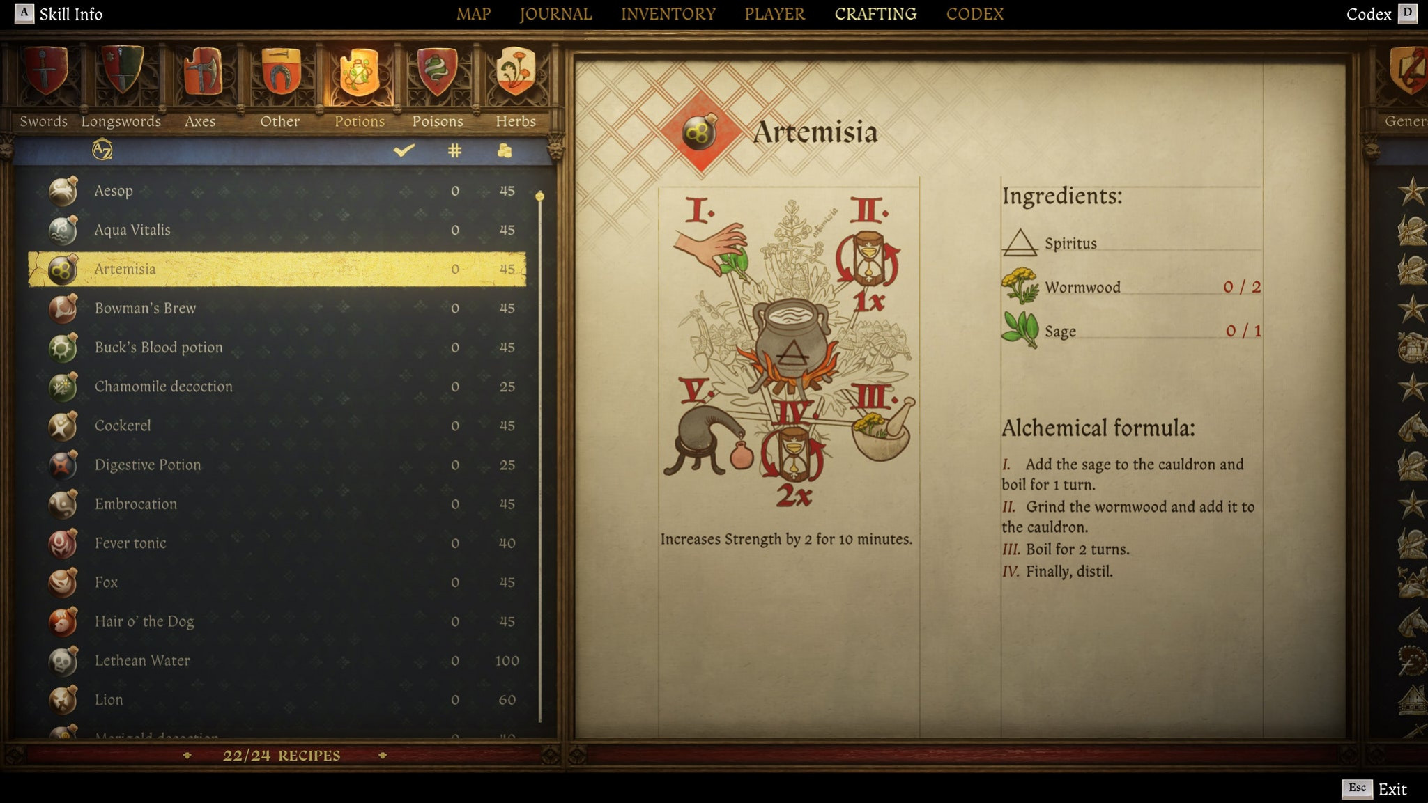 Экран создания предметов в Kingdom Come: Deliverance 2 с инструкцией и иллюстрацией рецепта артемизии.