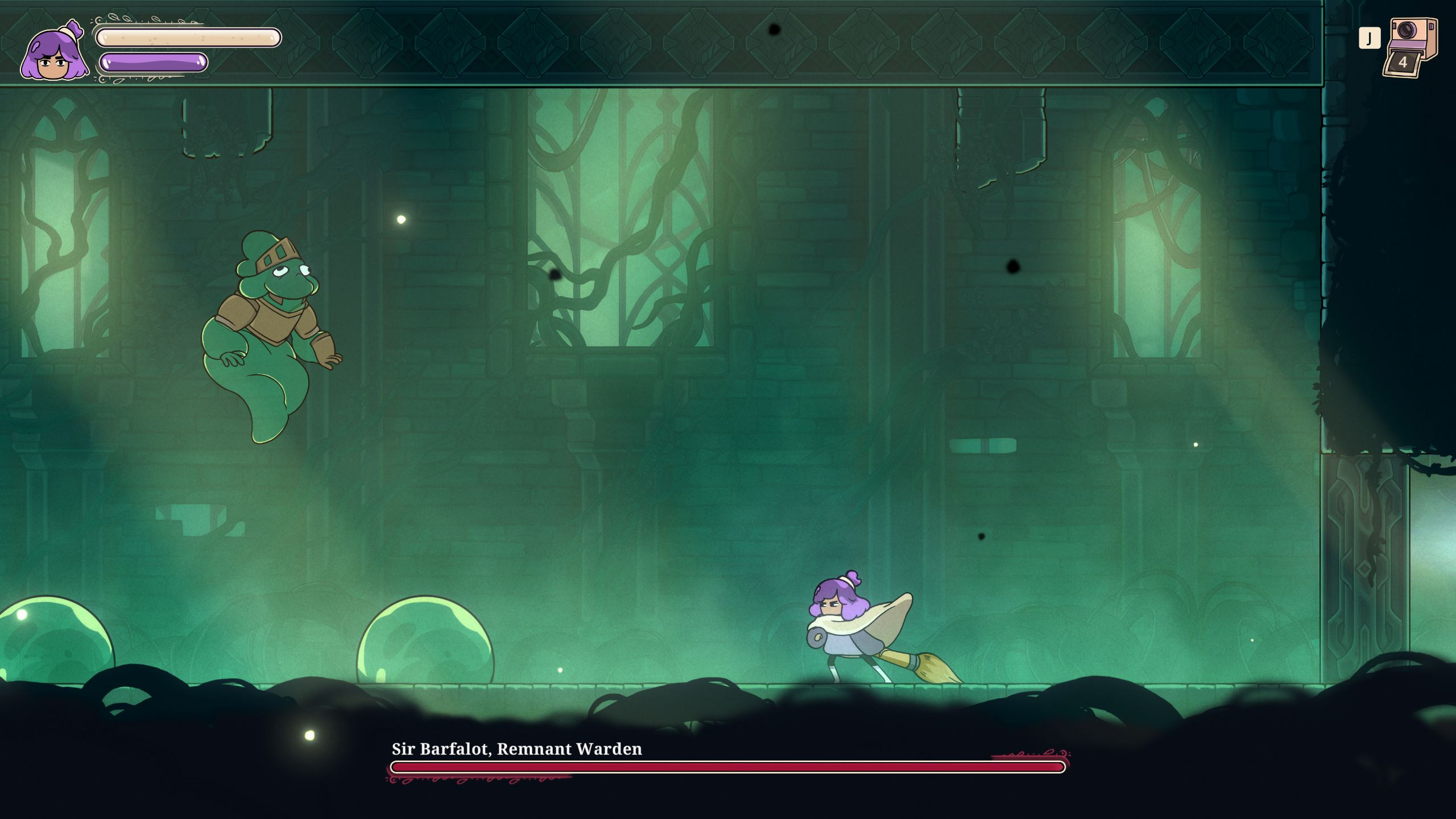 Constance готовится применить гигантскую кисть против босса по имени Sir Barfsalot