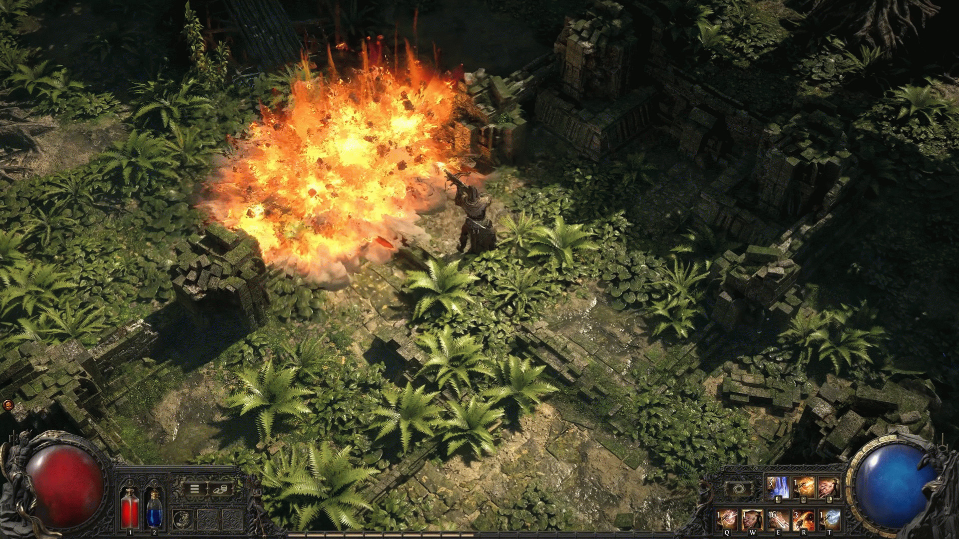 Камни поддержки Path of Exile 2: вид сверху на взрыв в локации, похожей на джунгли.