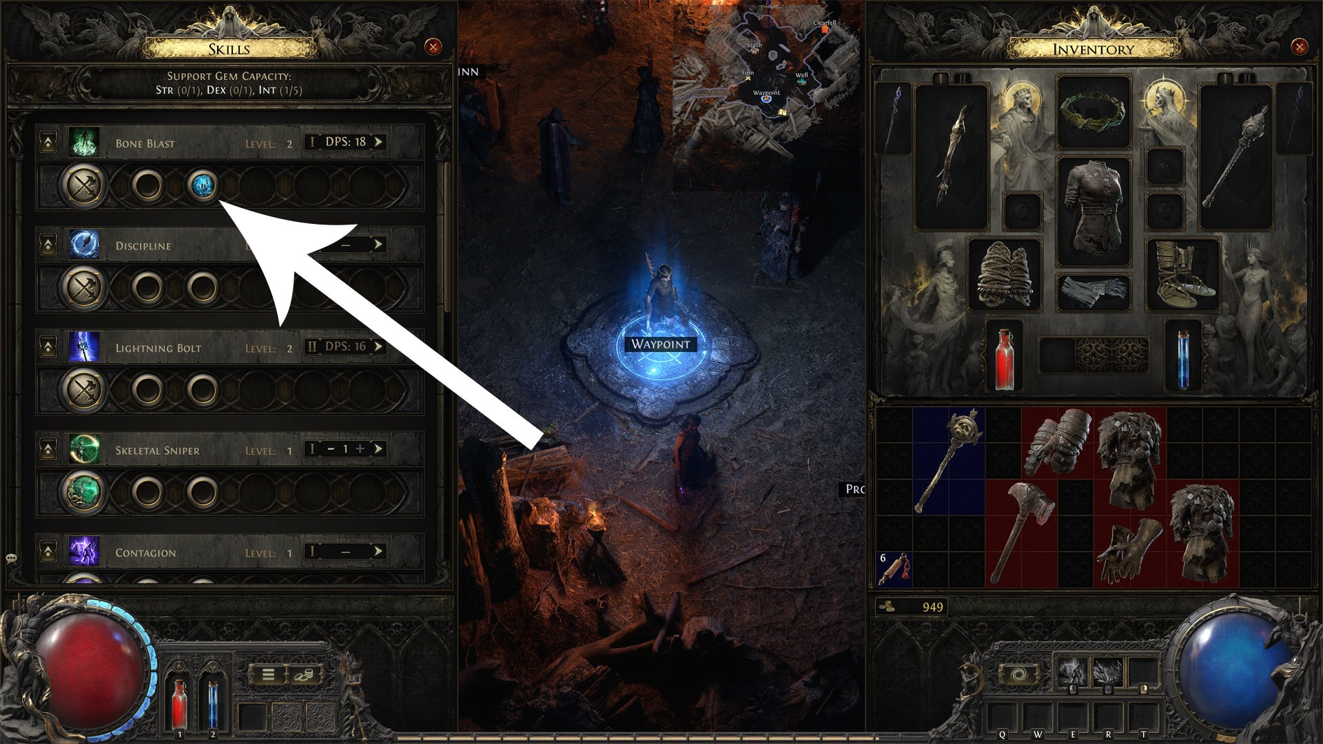 Стрелка указывает на гнёзда для камней поддержки в Path of Exile 2.