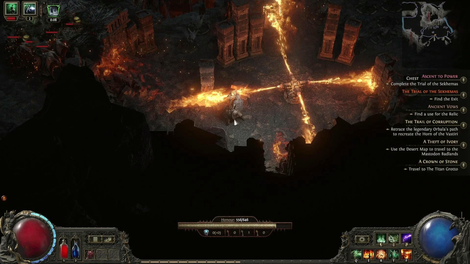 Персонаж обходит огненную ловушку-вертушку в Испытании Сехем в Path of Exile 2.