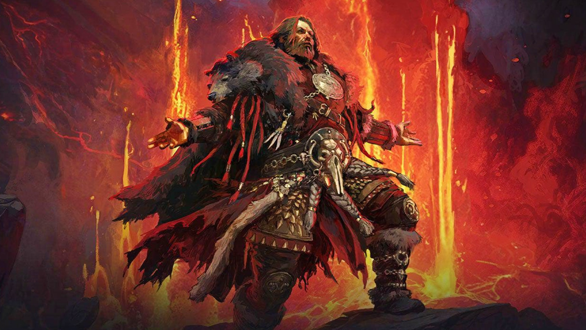 Лучшие классы Path of Exile 2: Друид стоит за потоком вулканической лавы.