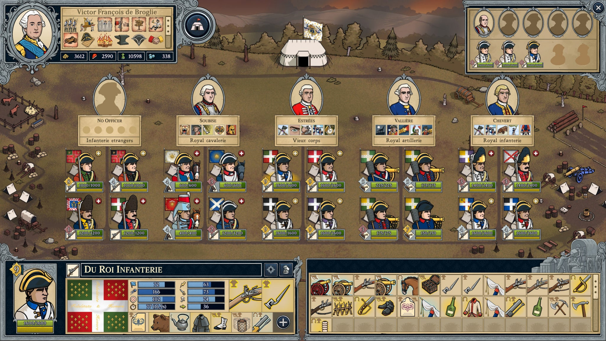 Экран лагеря в Master Of Command: все полки и офицеры, их параметры и экипировка.