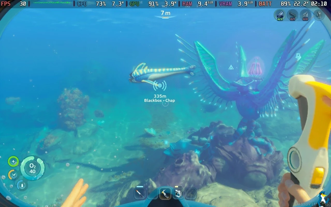 Скриншот Subnautica 2 на Steam Deck OLED с низкими настройками