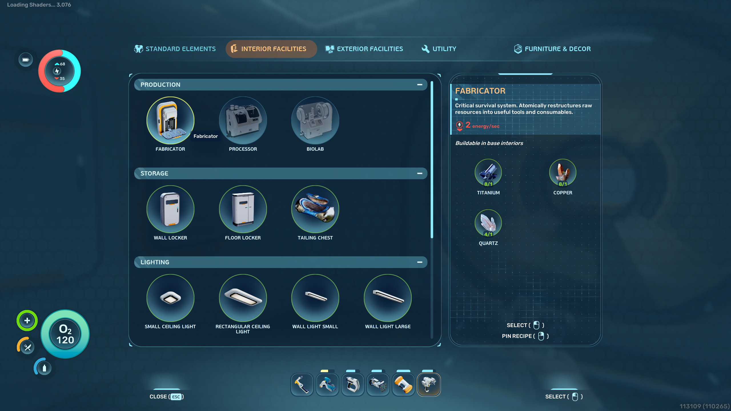Subnautica 2: полностью функциональный Изготовитель – игрок смотрит рецепт Изготовителя в меню Строителя.