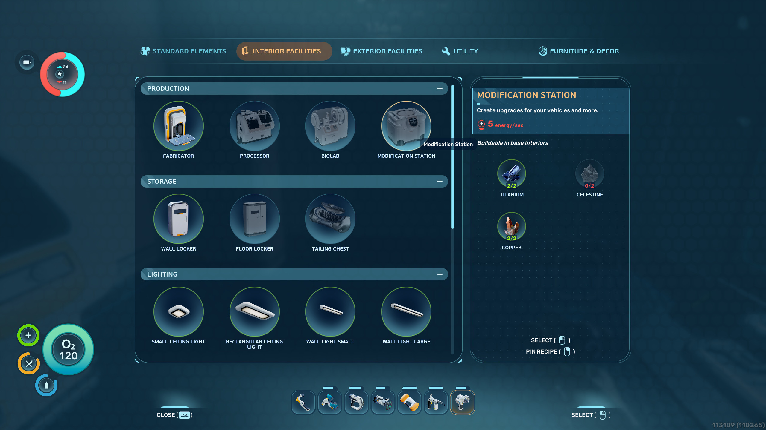 Subnautica 2: рецепт Станции модификации в меню Строителя.