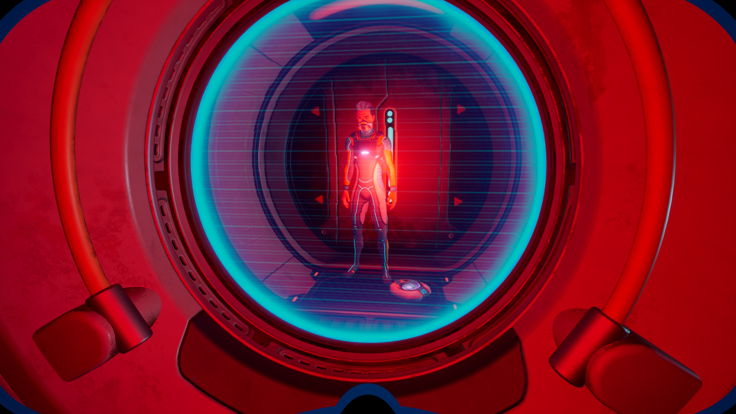 Subnautica 2 – мужчина стоит внутри базы, освещённой красным светом
