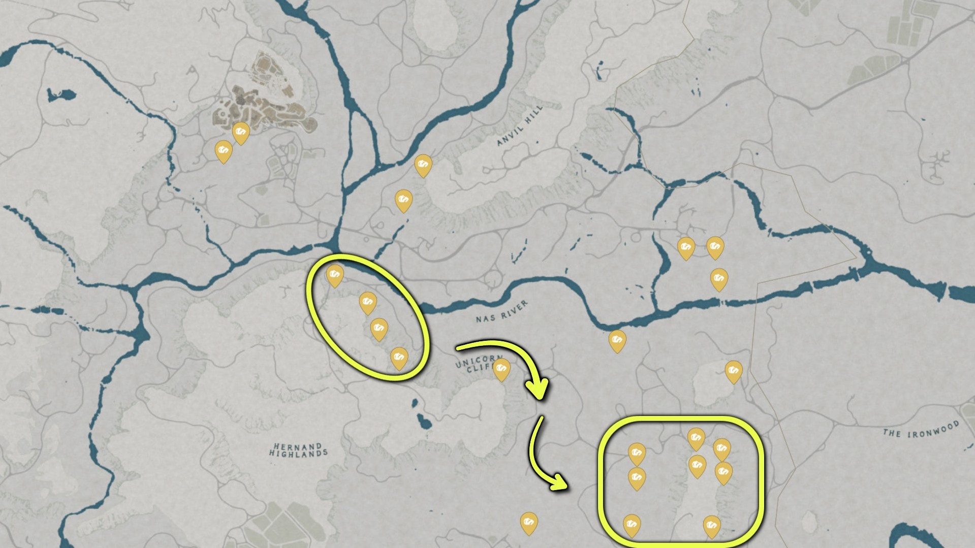 Скриншот карты Map Genie с двумя отмеченными точками для фарма железной руды.