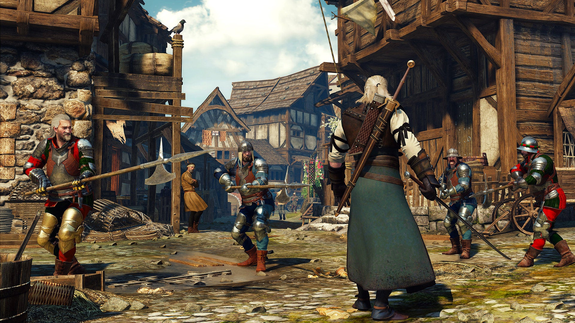Геральт готовится к бою со стражниками в The Witcher 3