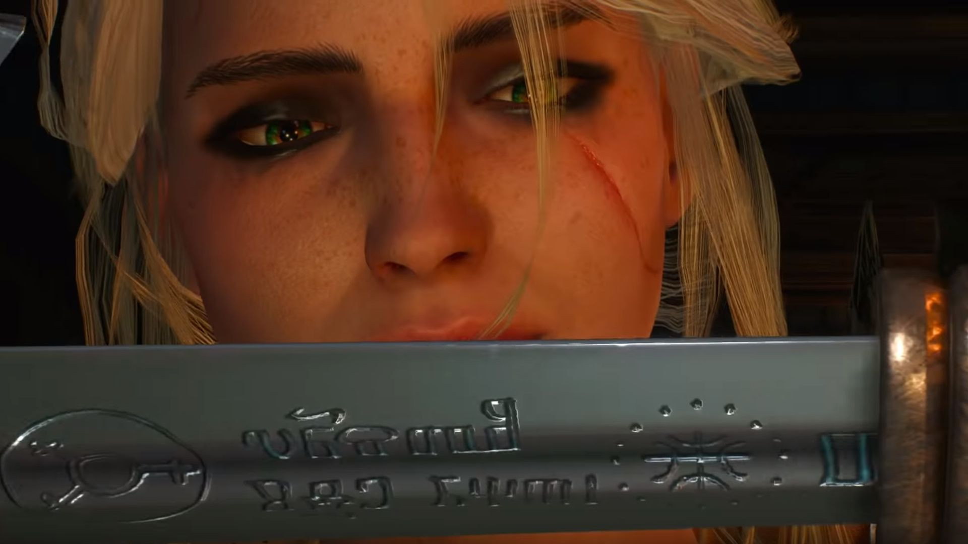 Цири смотрит на свой перекованный меч в лучшей концовке Witcher 3