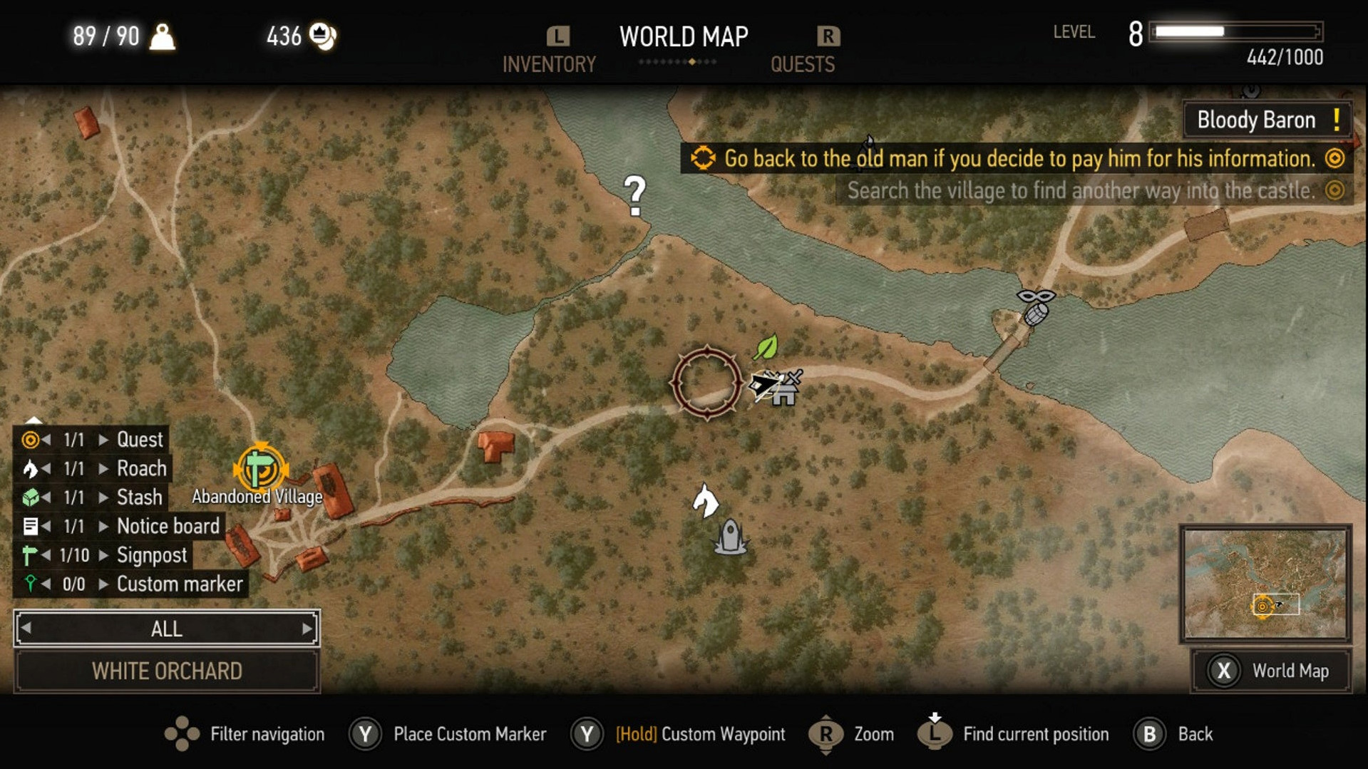 Алхимия в Witcher 3: на изображении показана карта с курсором на дороге в Белом Саду. Он наведен на значок листа, обозначающий местоположение травника к востоку от заброшенной деревни