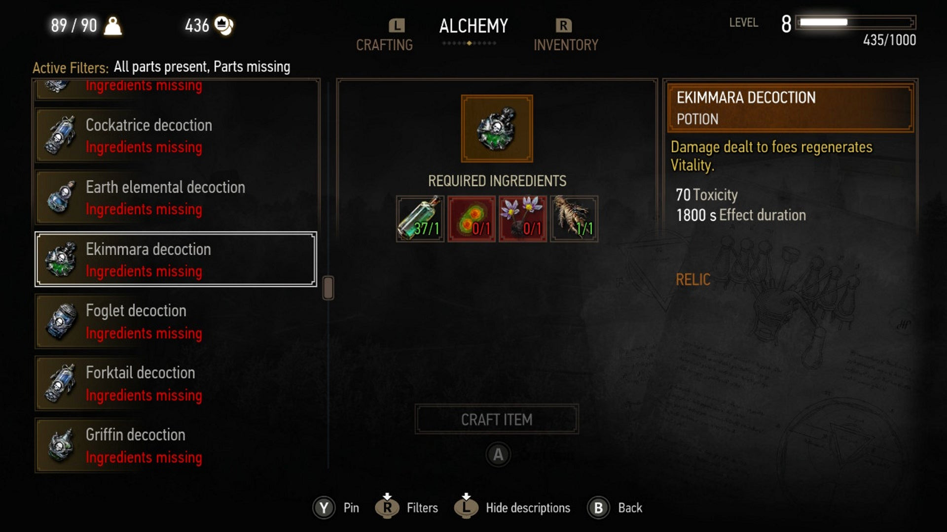 Алхимия в Witcher 3: на изображении показано меню, где курсор выделяет Отвар из экиммы – предмет, позволяющий вытягивать здоровье из врагов, пока Геральт атакует их