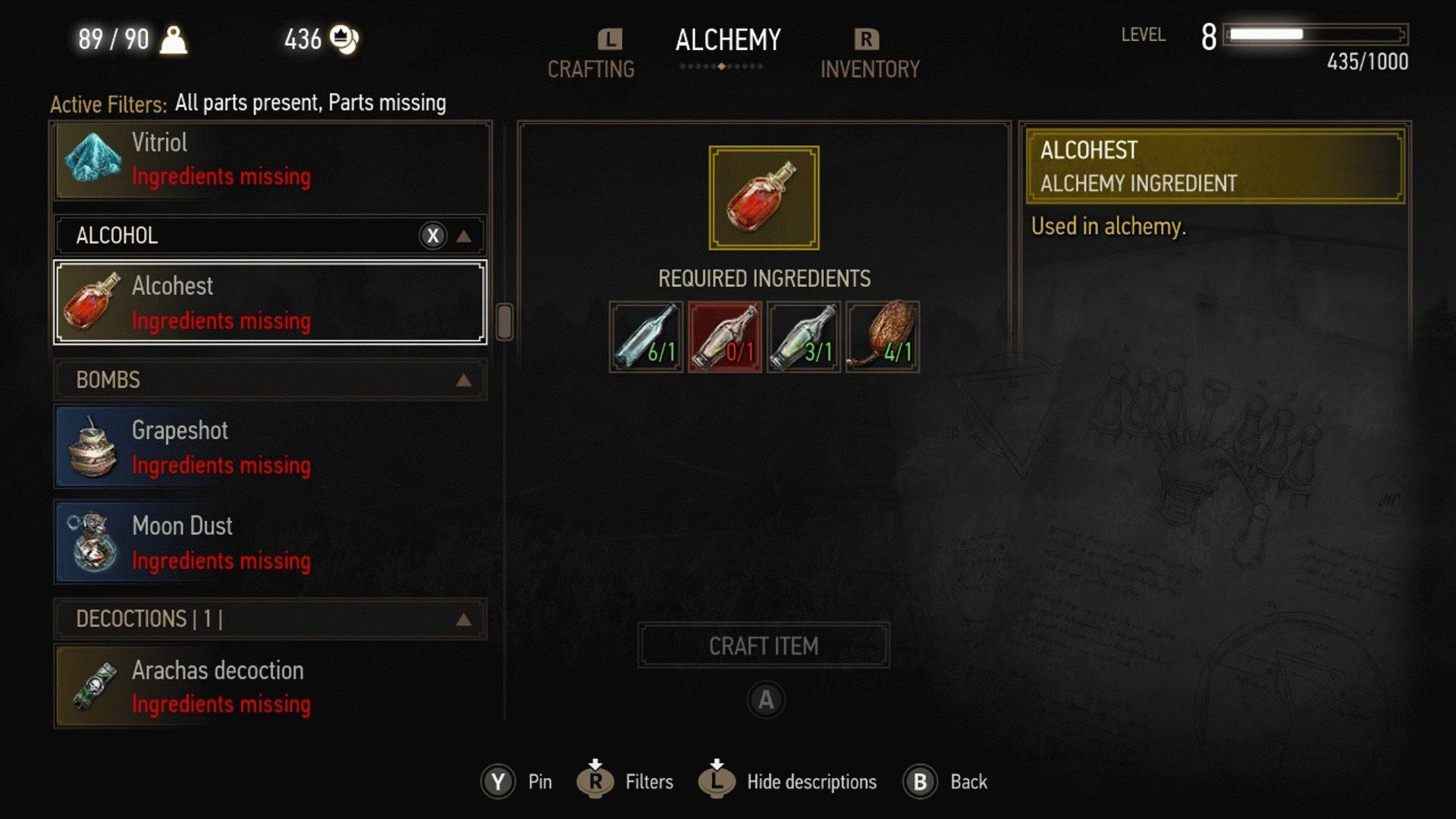 Алхимия в Witcher 3: на изображении показано меню с несколькими алхимическими предметами. Курсор выделяет Алкагест – создаваемый предмет, который используется для восполнения зелий