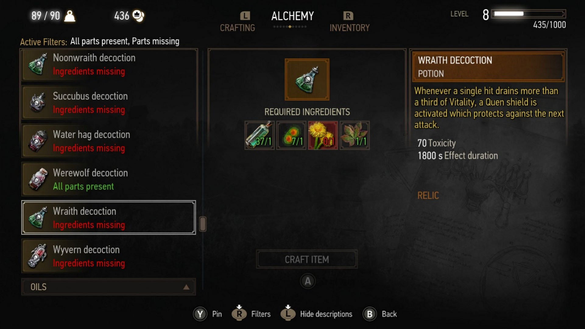 Алхимия в Witcher 3: на изображении показано меню, где курсор выделяет Отвар из призрака – создаваемый предмет, который генерирует щит, когда Геральт получает урон
