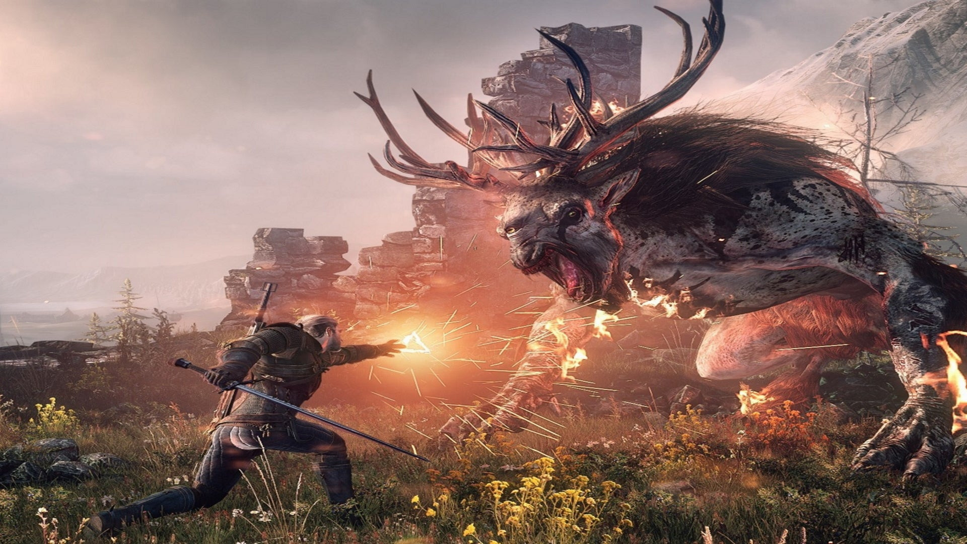 Лучшие способности в The Witcher 3: мужчина в кольчуге выпускает огонь из руки в огромного серого монстра с оленьими рогами