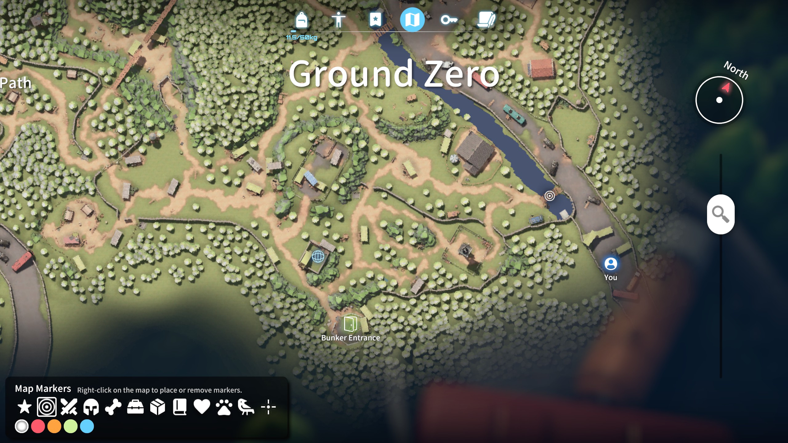 Escape From Duckov — карта Нулевая точка: игрок стоит в самом северо-восточном углу, где находится секретный вход в бункер.