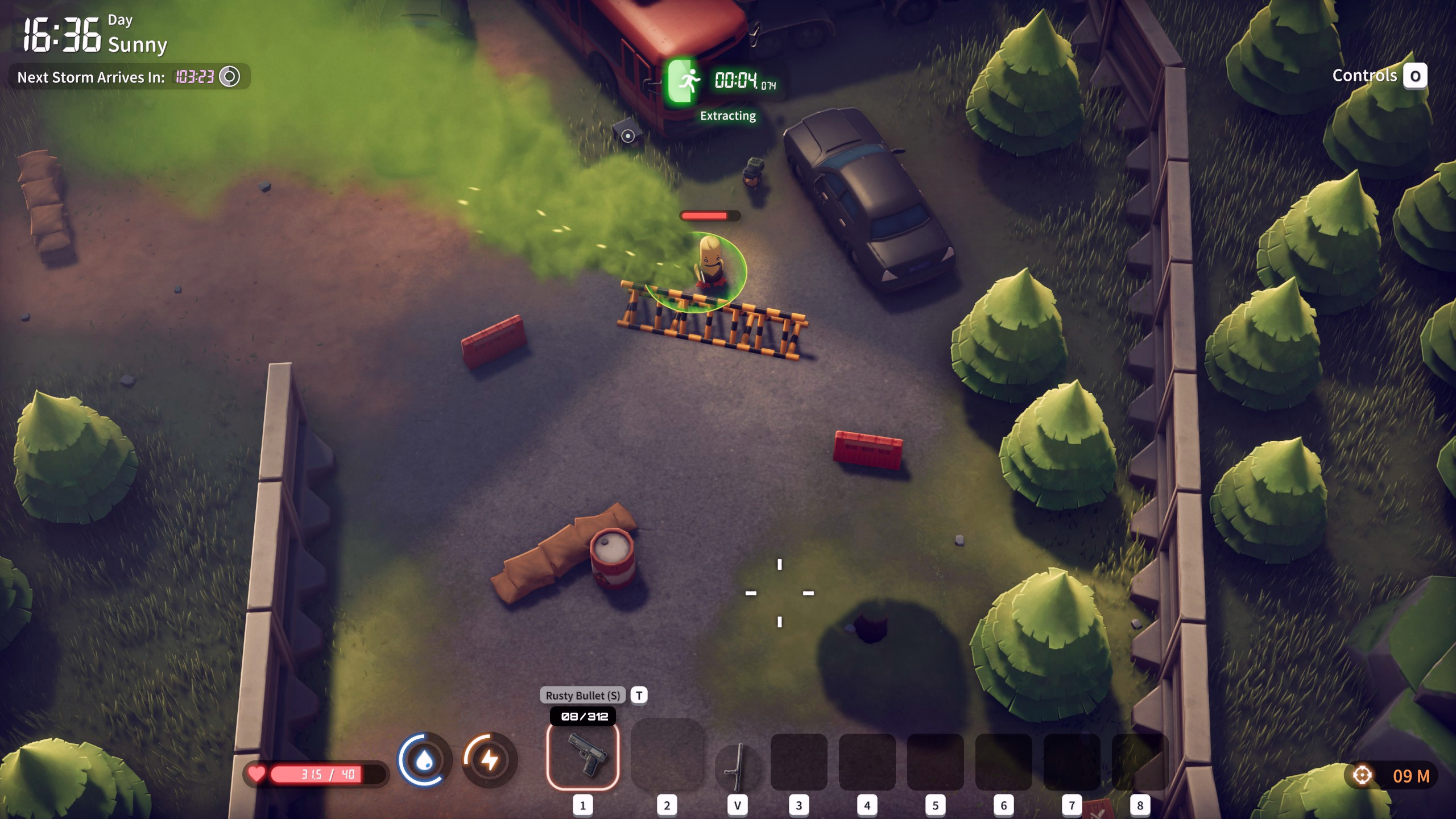 Escape From Duckov — игрок стоит в зелёном круге в облаке зелёного дыма, на экране идёт таймер эвакуации.