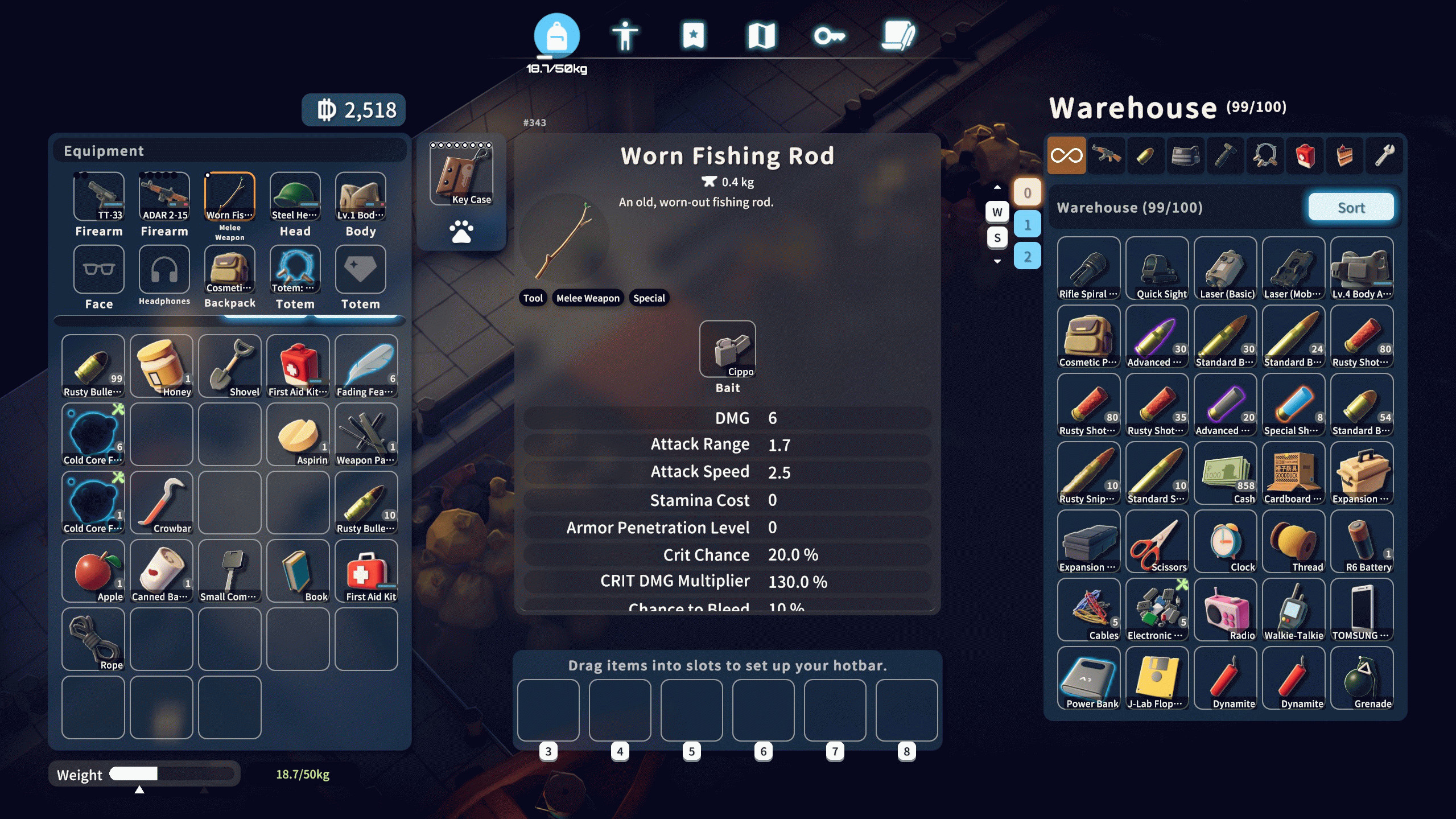 Экран инвентаря с Изношенной удочкой: в качестве приманки установлена зажигалка циппо.