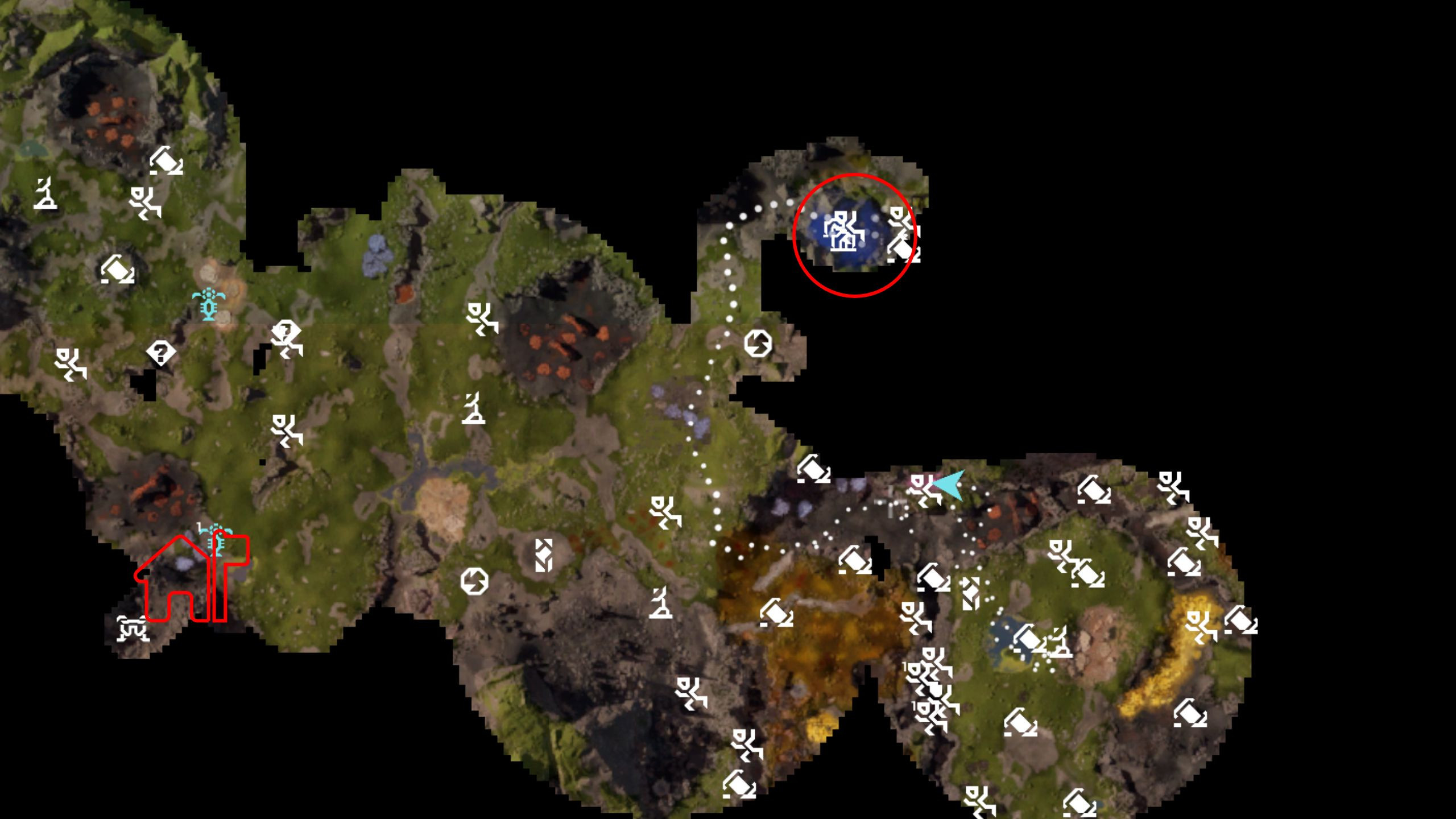 StarRupture, чертёж Стабилизатора: карта с красным кругом, выделяющим форпост в холмах на северо-востоке, и значком красного домика, обозначающим орбитальный посадочный модуль на западе.