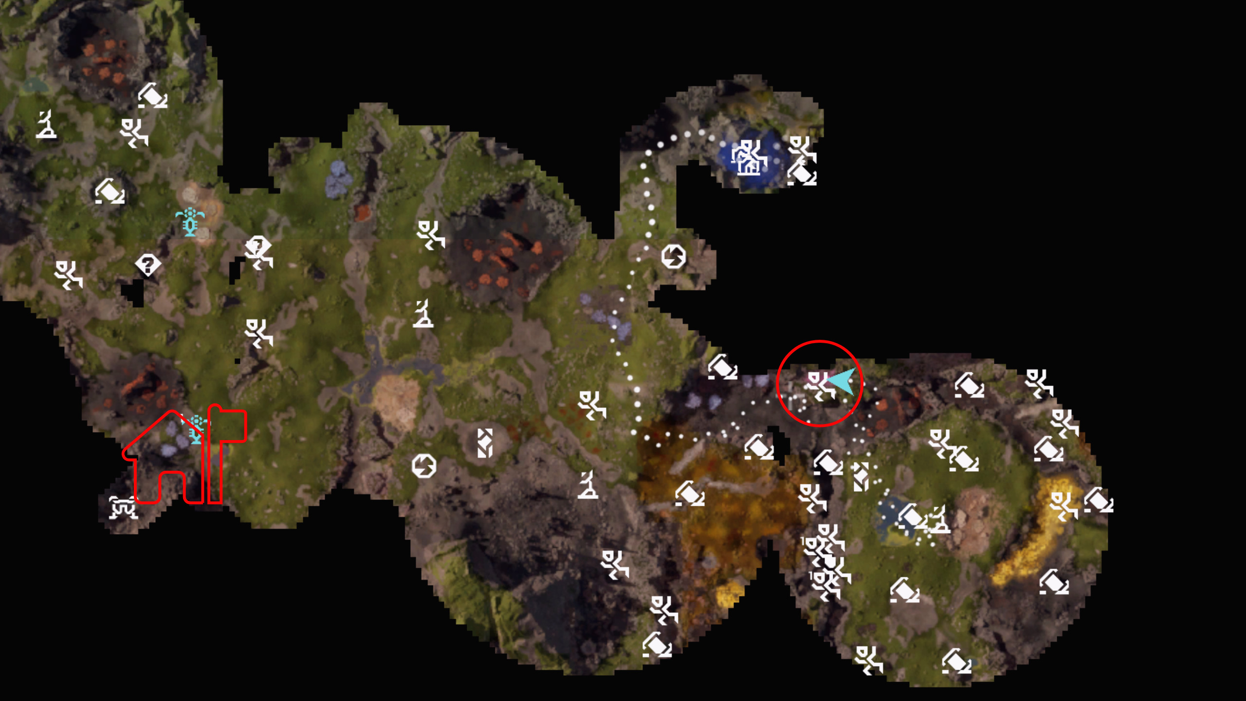 Местоположение Гелия в StarRupture: карта с красным кругом на востоке, показывающим месторождение Гелия, и красным значком домика на западе, обозначающим орбитальный посадочный модуль.