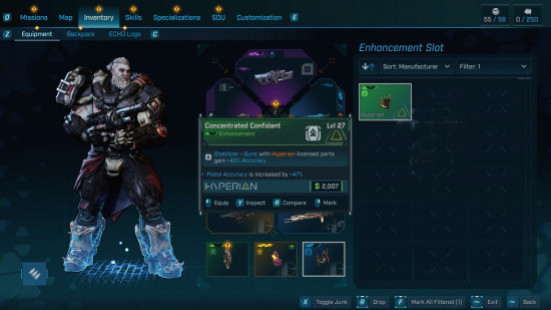 Улучшения Borderlands 4: экран меню Borderlands 4 с улучшением Concentrated Confidant.