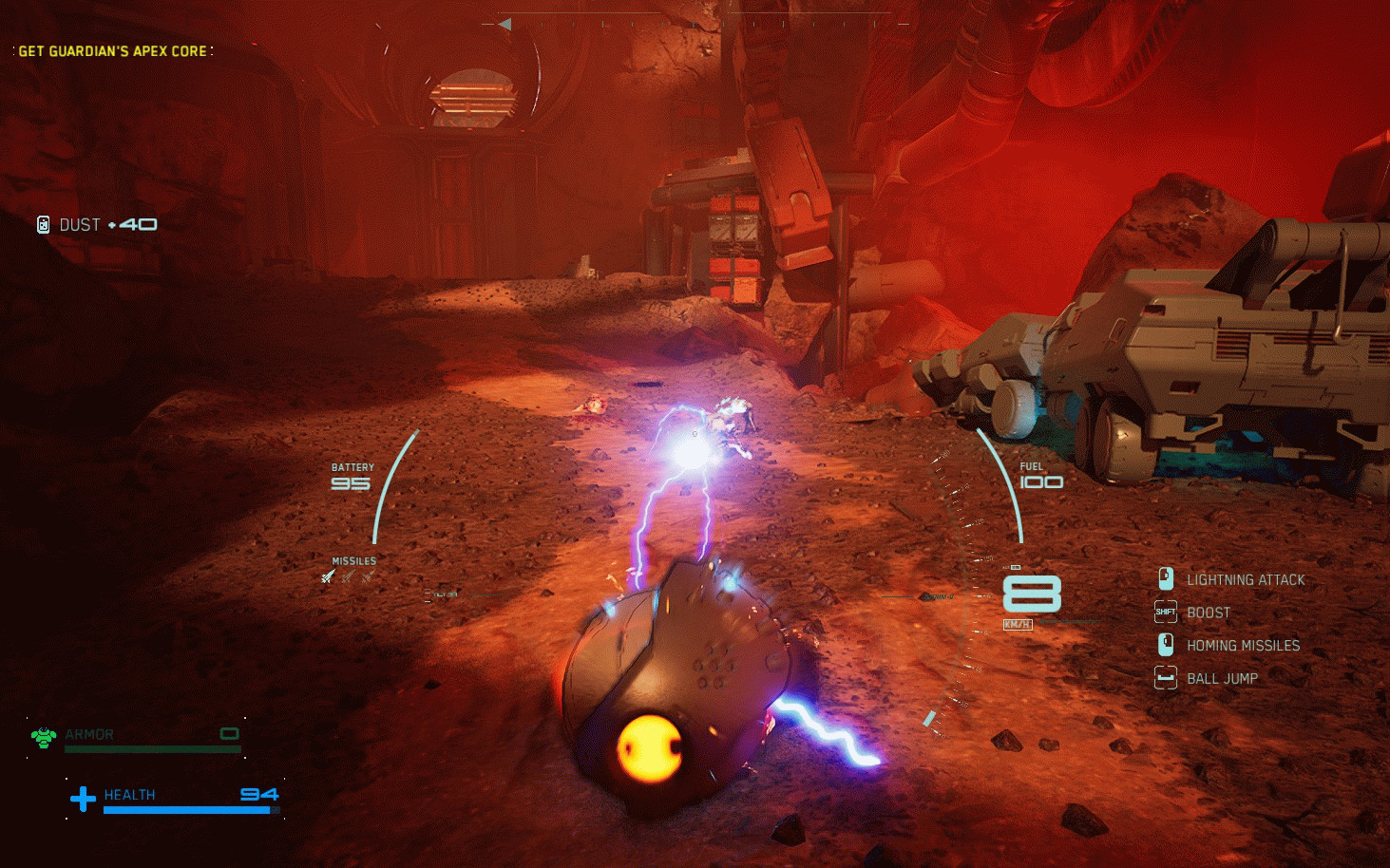 Металлический шар катится по красной планете, выпуская молнии