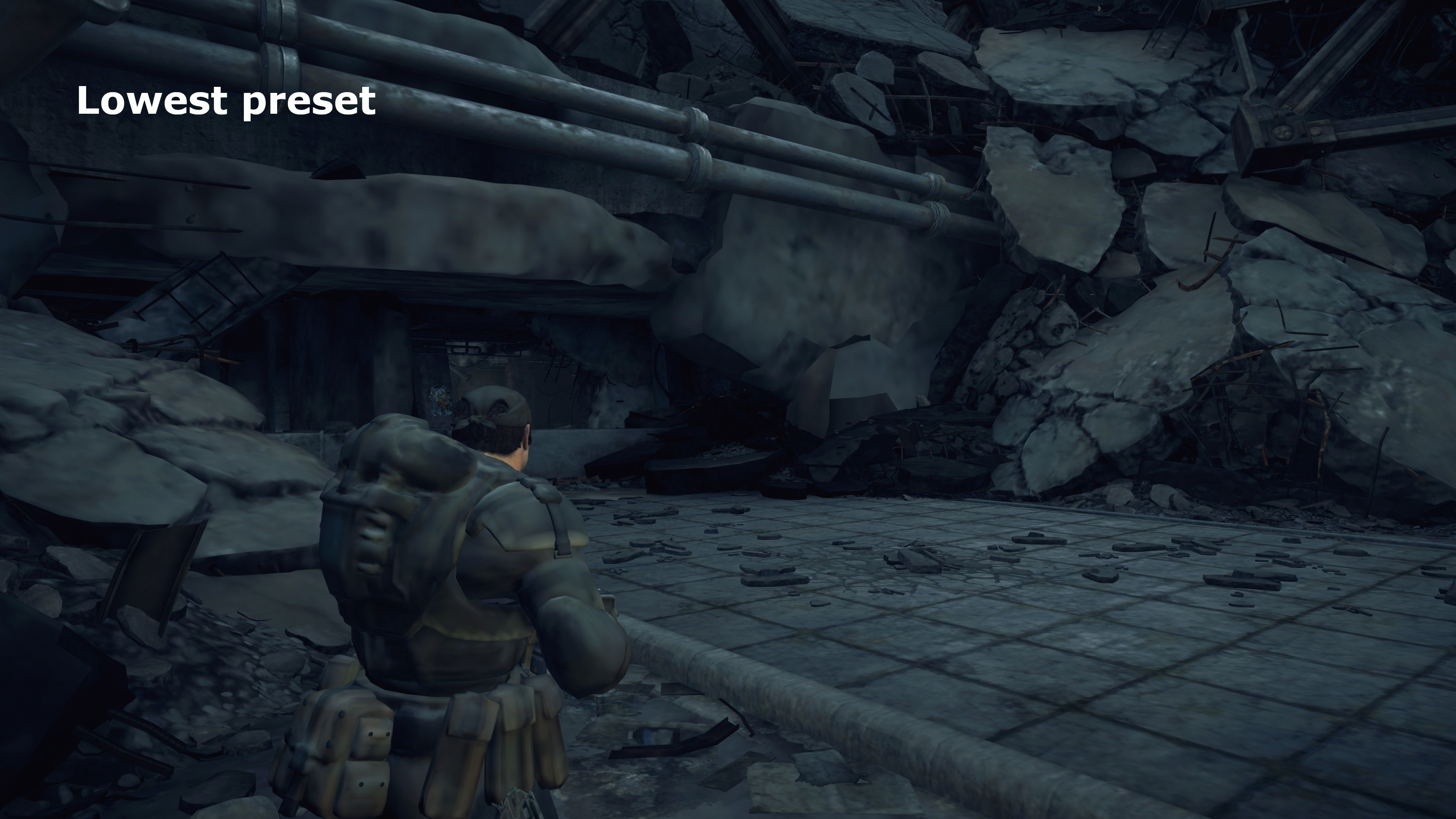 Скриншот ПК-версии Gears of War: Reloaded, демонстрирующий, как выглядит игра на пресете «Самый низкий»