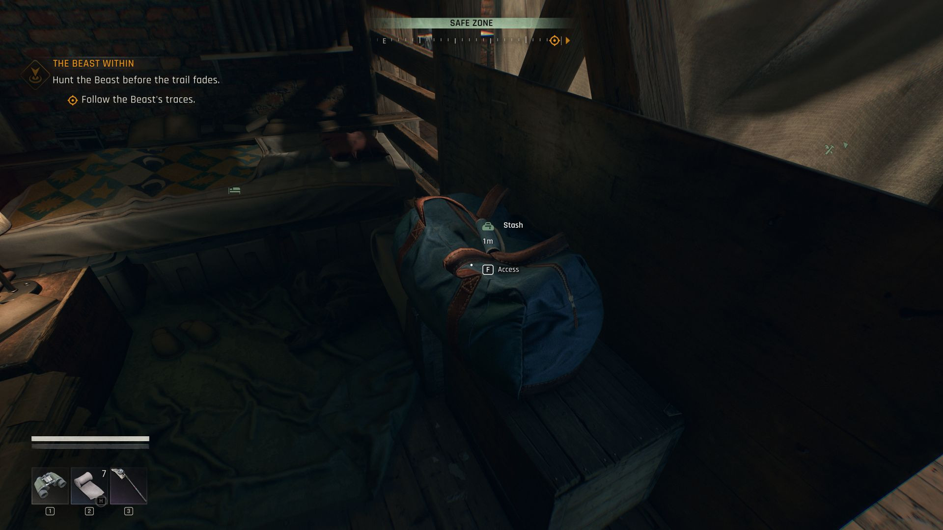 Внутриигровой тайник в Dying Light: The Beast с подсказкой нажать клавишу F для взаимодействия