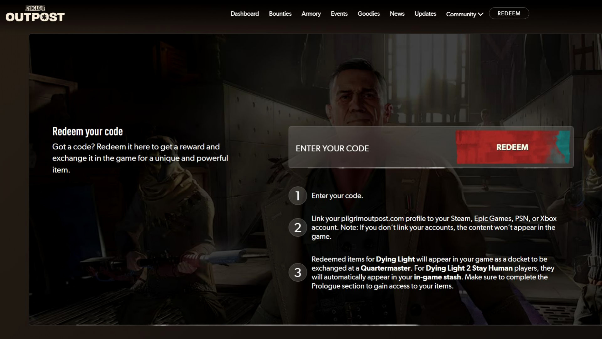 Сайт Pilgrim Outpost для активации кодов Dying Light: The Beast