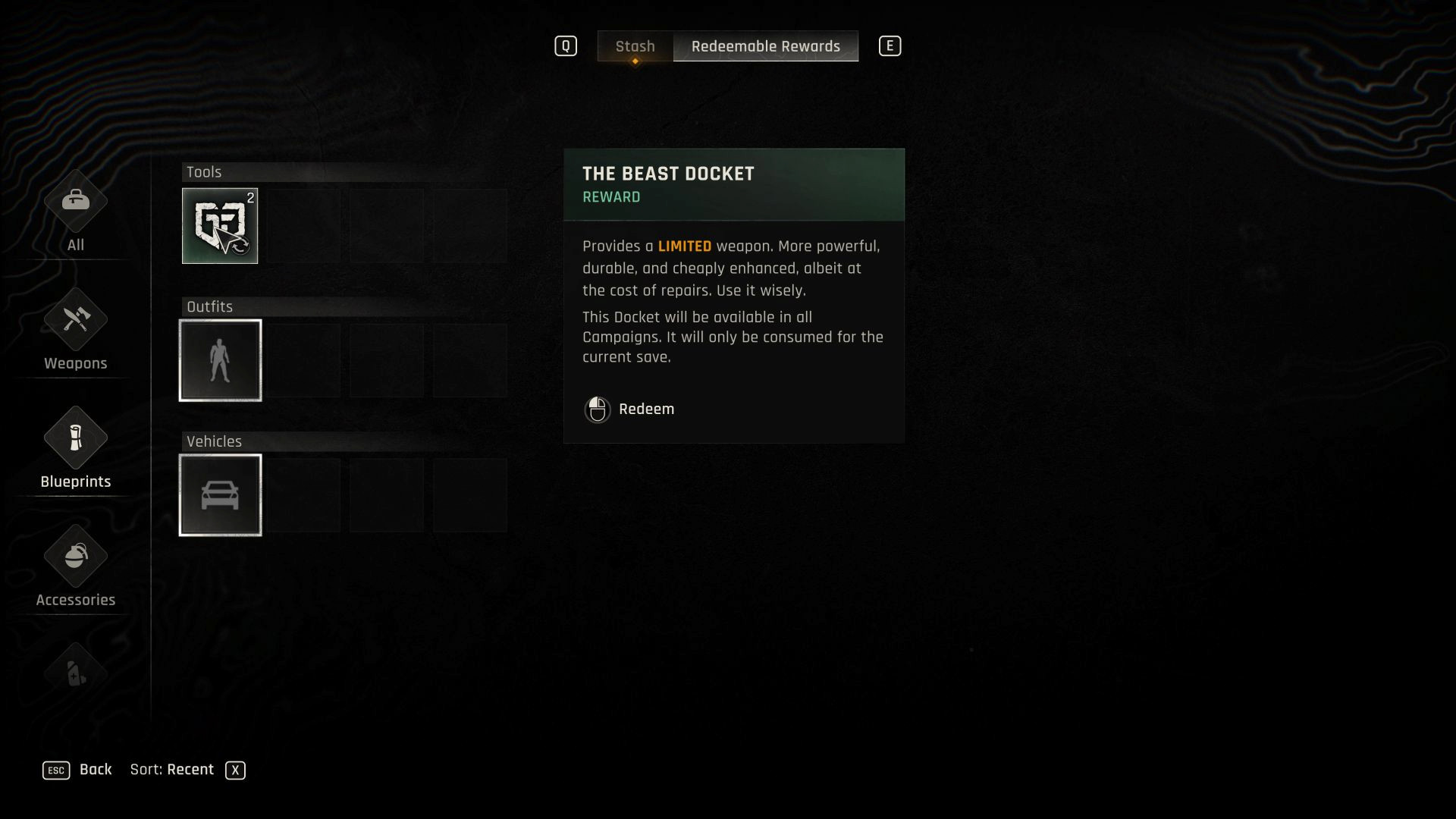 Интерфейс наград Dying Light: The Beast за коды докетов: курсор наведен на предмет в разделе «Инструменты» с названием The Beast Docket