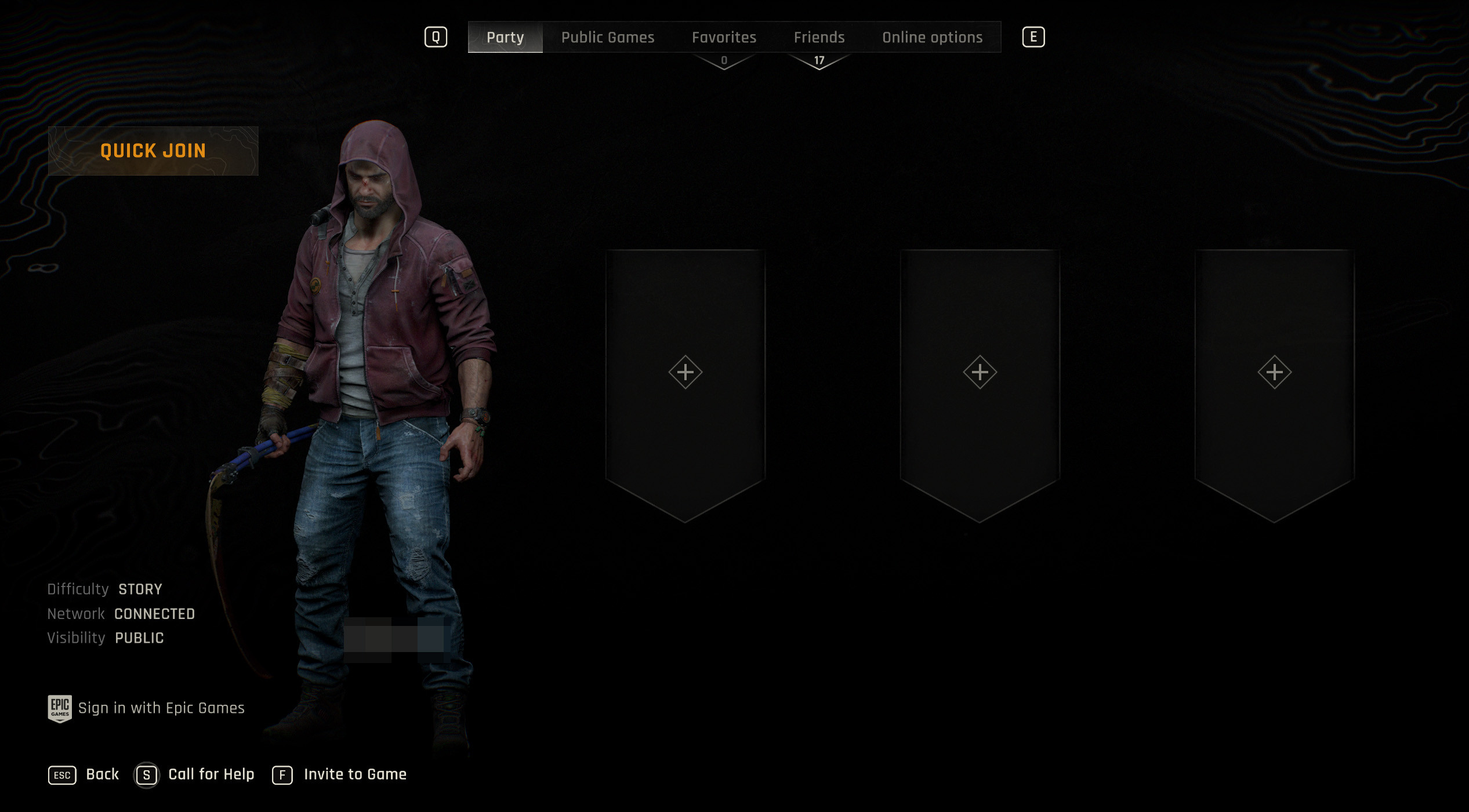 Меню кооператива Dying Light: The Beast — экран совместной кампании: один игрок и три свободных слота для друзей