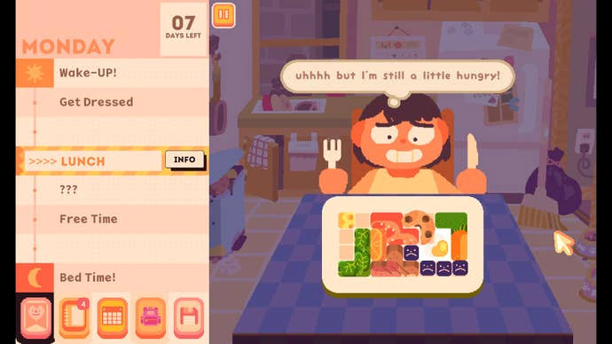 Конец приёма пищи в Consume Me: блок еды формы Тетрис, который, увы, не насыщает главную героиню.