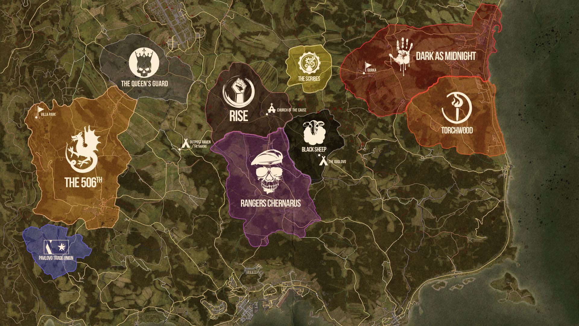 Лучшие серверы DayZ: вид сверху на внутриигровую карту DayZ с выделенными областями
