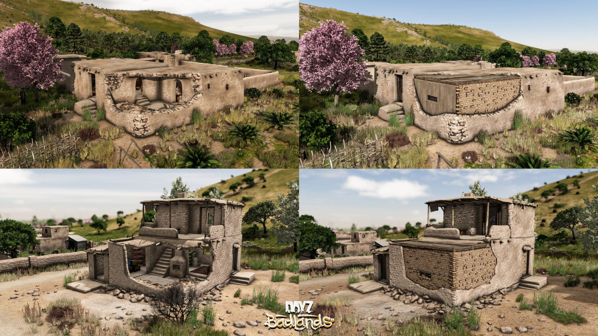 Строительство базы в DayZ Badlands: несколько изображений до и после, где старый дом перестраивают в базу для выживания.