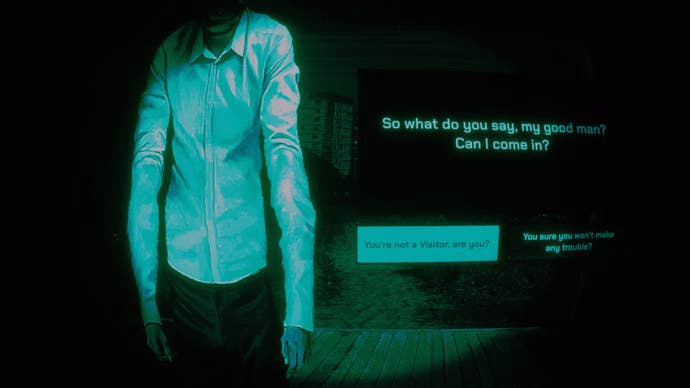 Высокий гость у двери в No, I'm Not a Human.