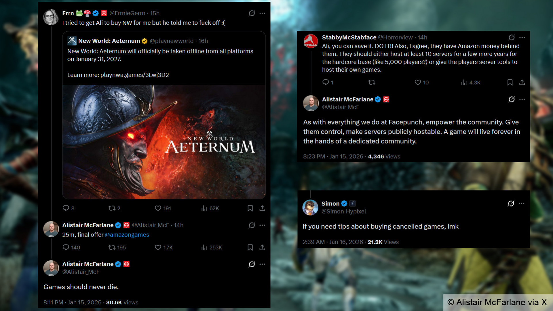 Режиссёр Rust Алистер Макфарлейн предлагает «25m, final offer @amazongames» за закрытую MMORPG New World: Aeternum.