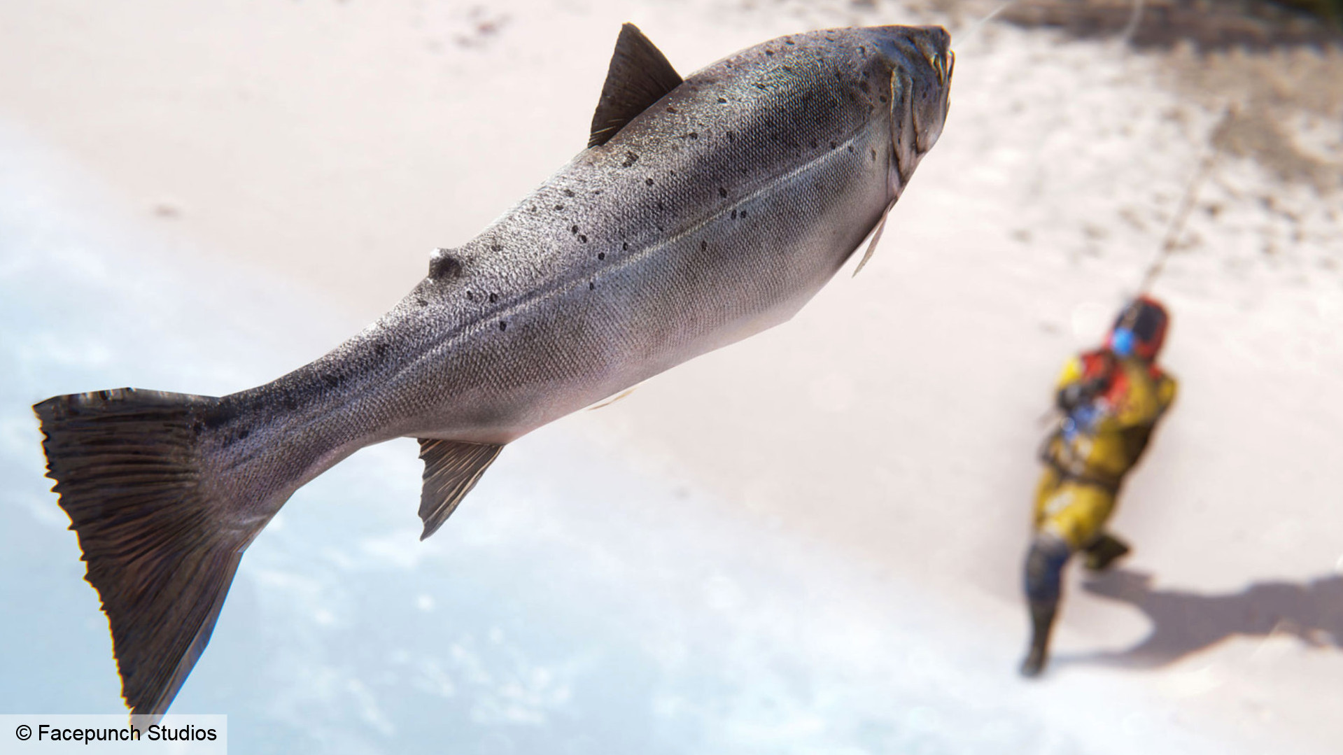 Перелов в Rust – игрок в защитном костюме вытаскивает рыбу на удочку.