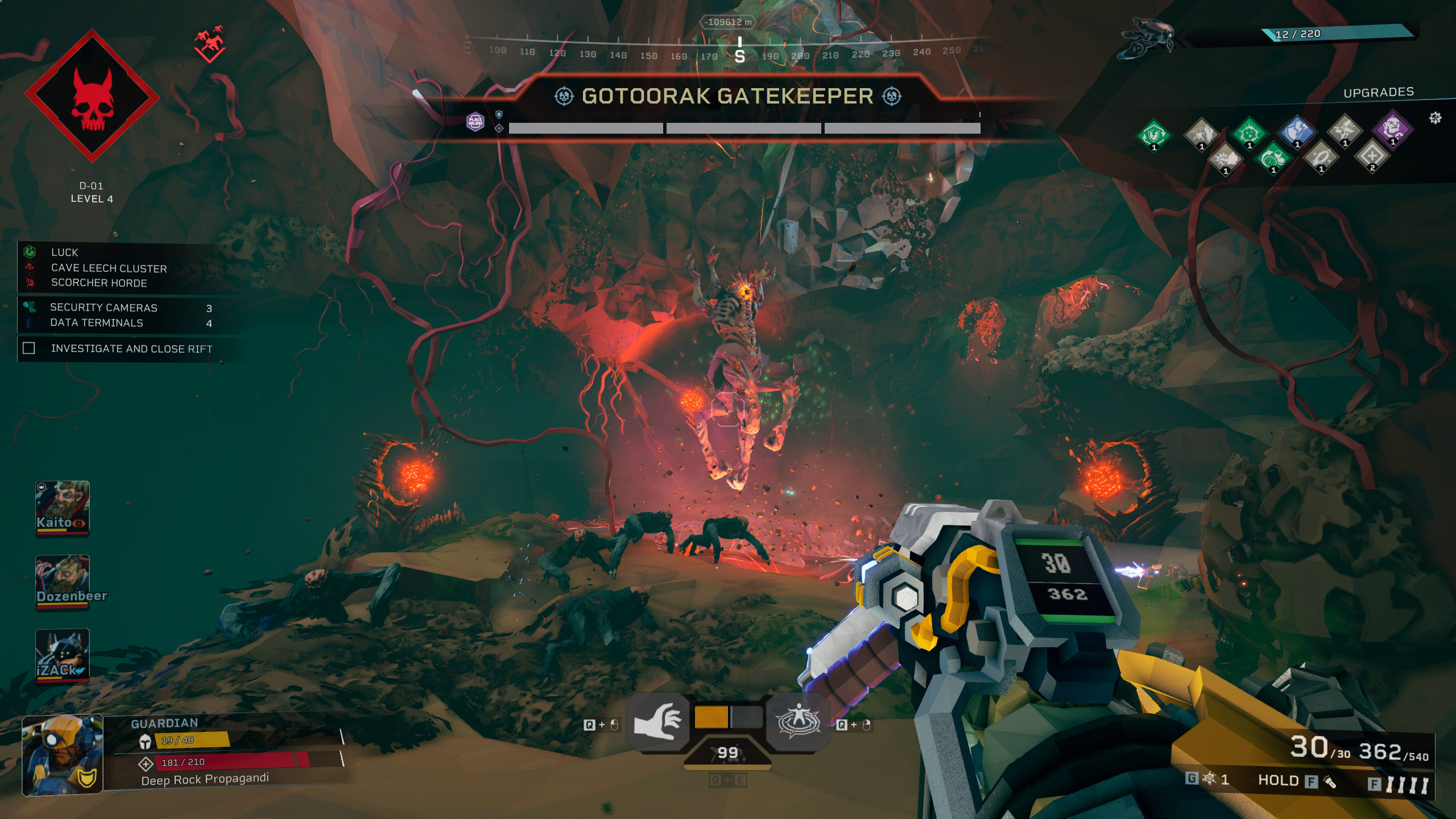Deep Rock Galactic: Rogue Core: игрок смотрит на босса Gotoorak Gatekeeper внутри пещеры, окружённого существами.