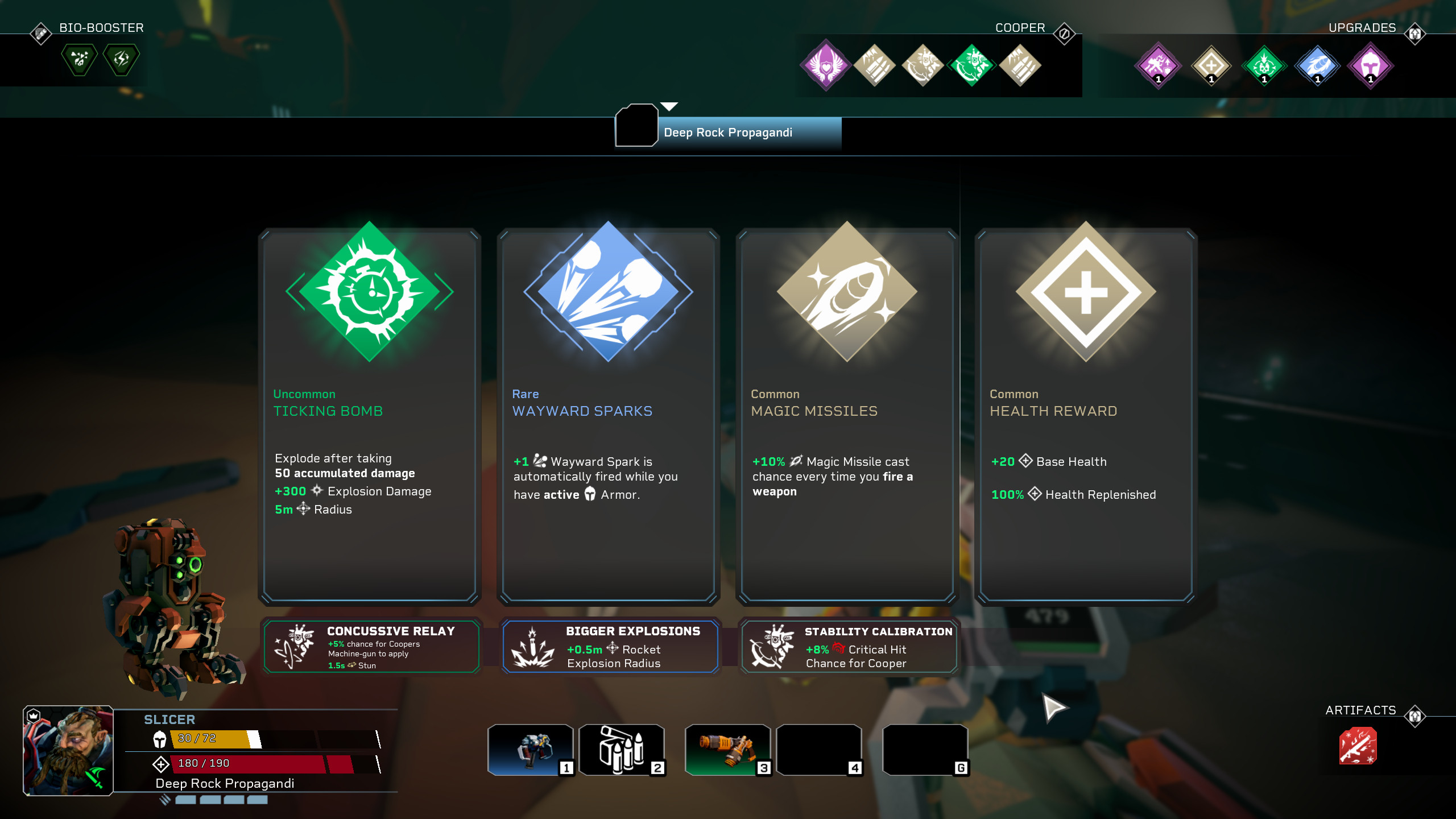 Deep Rock Galactic: Rogue Core: скриншот с четырьмя улучшениями, из которых игрок может выбрать одно.