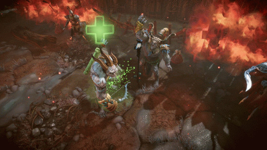 Два персонажа, похожих на минотавров, лечат друг друга на поле боя