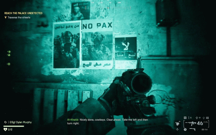 Постеры в режиме ночного видения с надписью «No Pax» на английском и арабский текст — Battlefield 6.