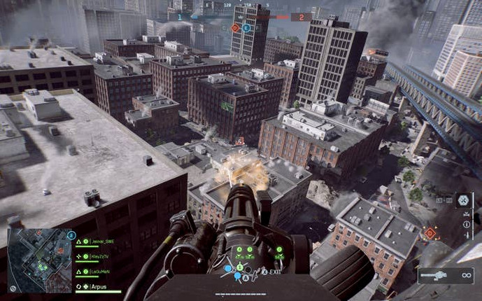 Вид из кресла стрелка вертолёта, кружящего над кварталом с точкой в Battlefield 6.