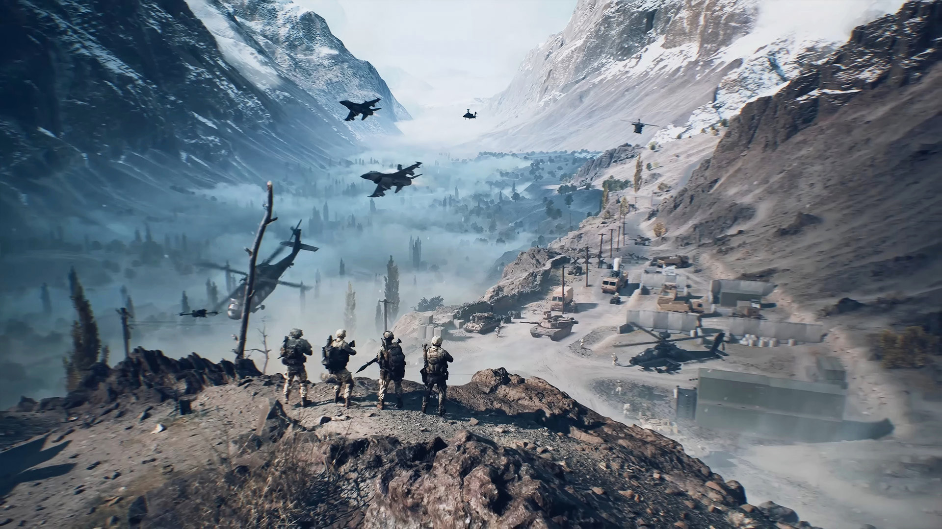 Итоги открытой беты Battlefield 6: отряд смотрит на огромную пропасть, над головой пролетают самолёты