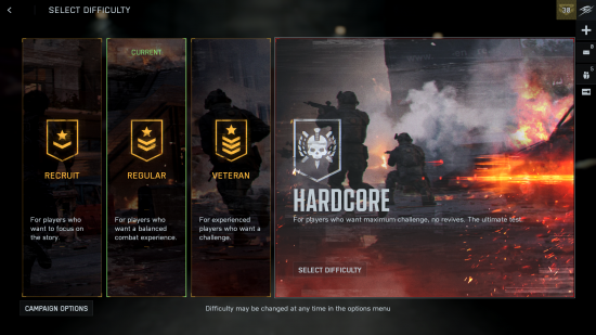 Экран выбора сложности в кампании Battlefield 6.