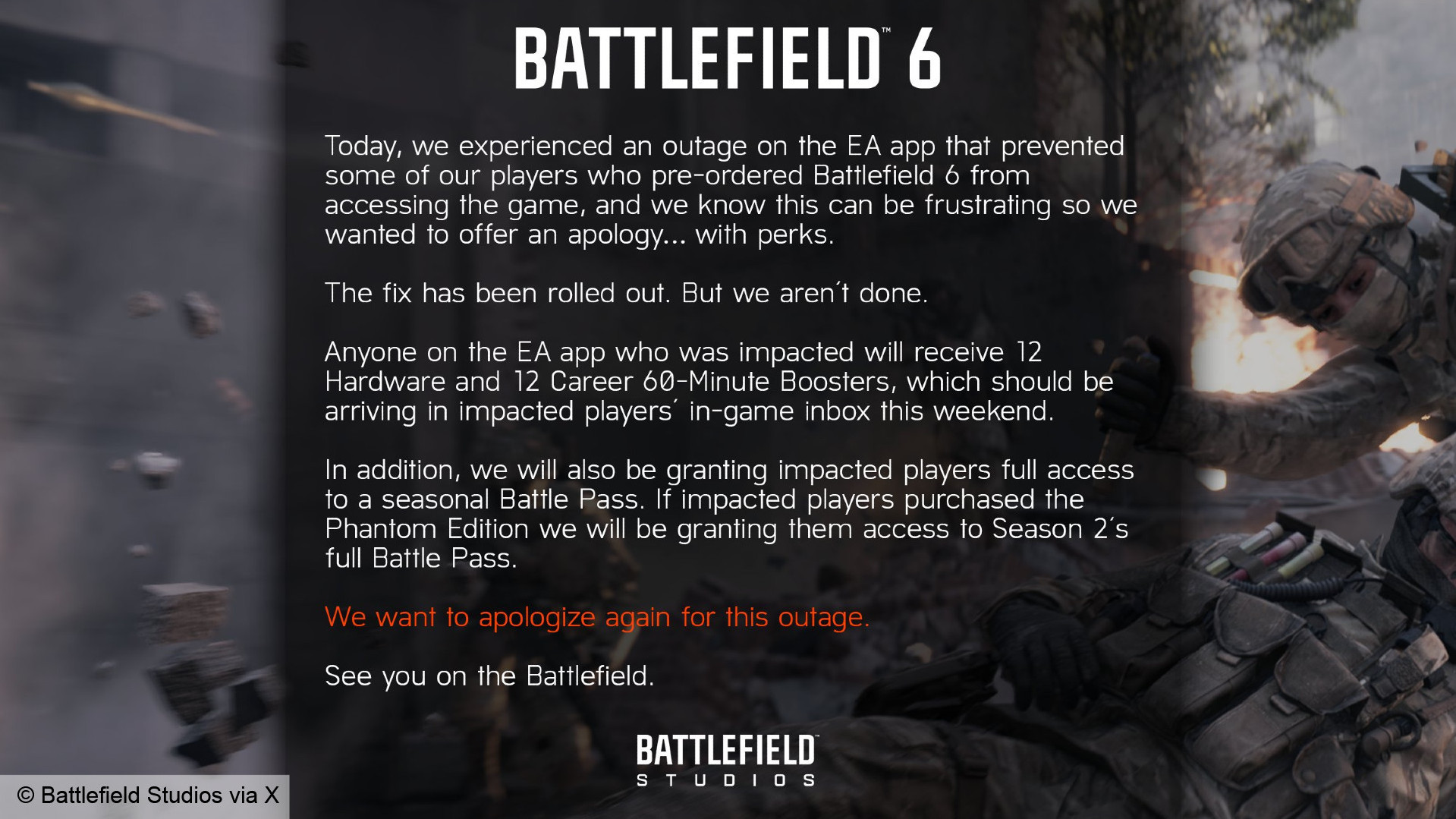 Компенсация за простой в Battlefield 6 — сообщение Battlefield Studios о сбое в приложении EA.