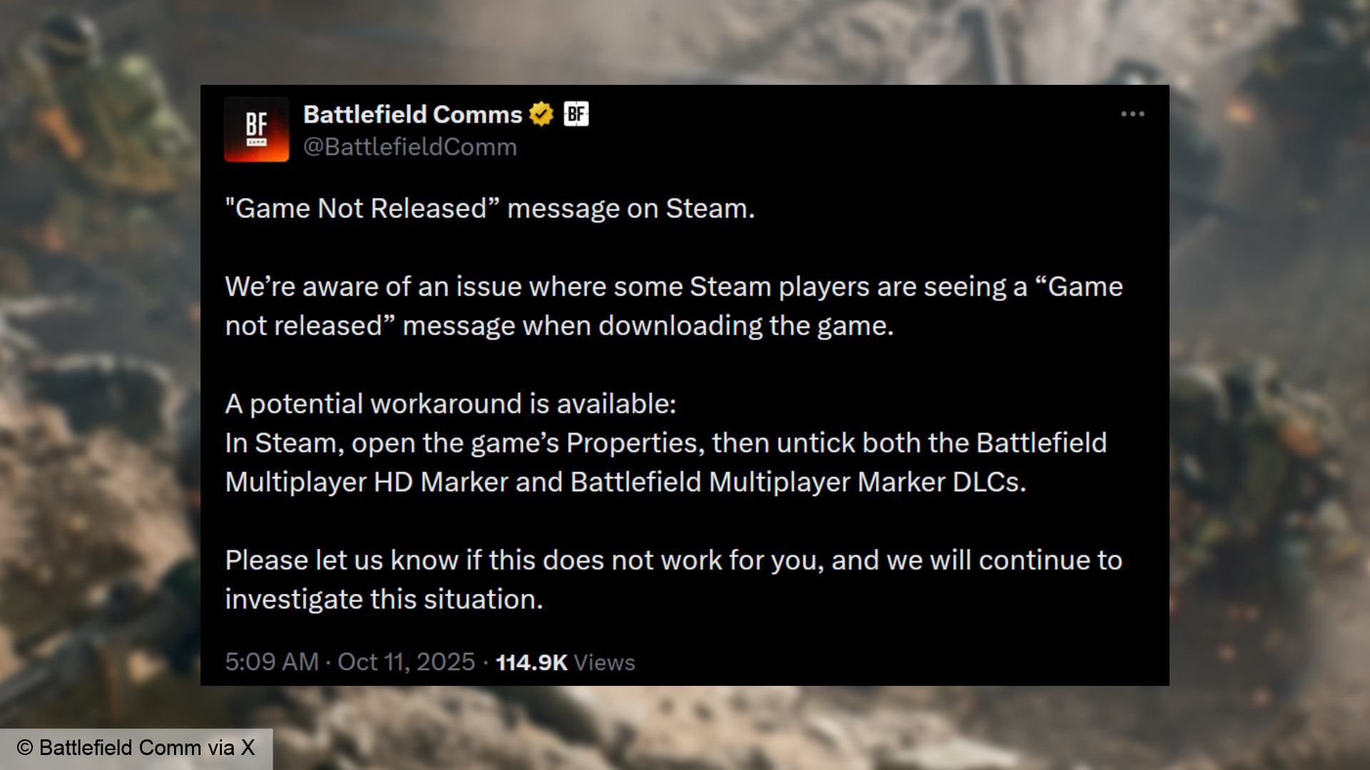 Предупреждение Steam 'Game not released' в Battlefield 6 — аккаунт Battlefield Comms делится обходным решением.