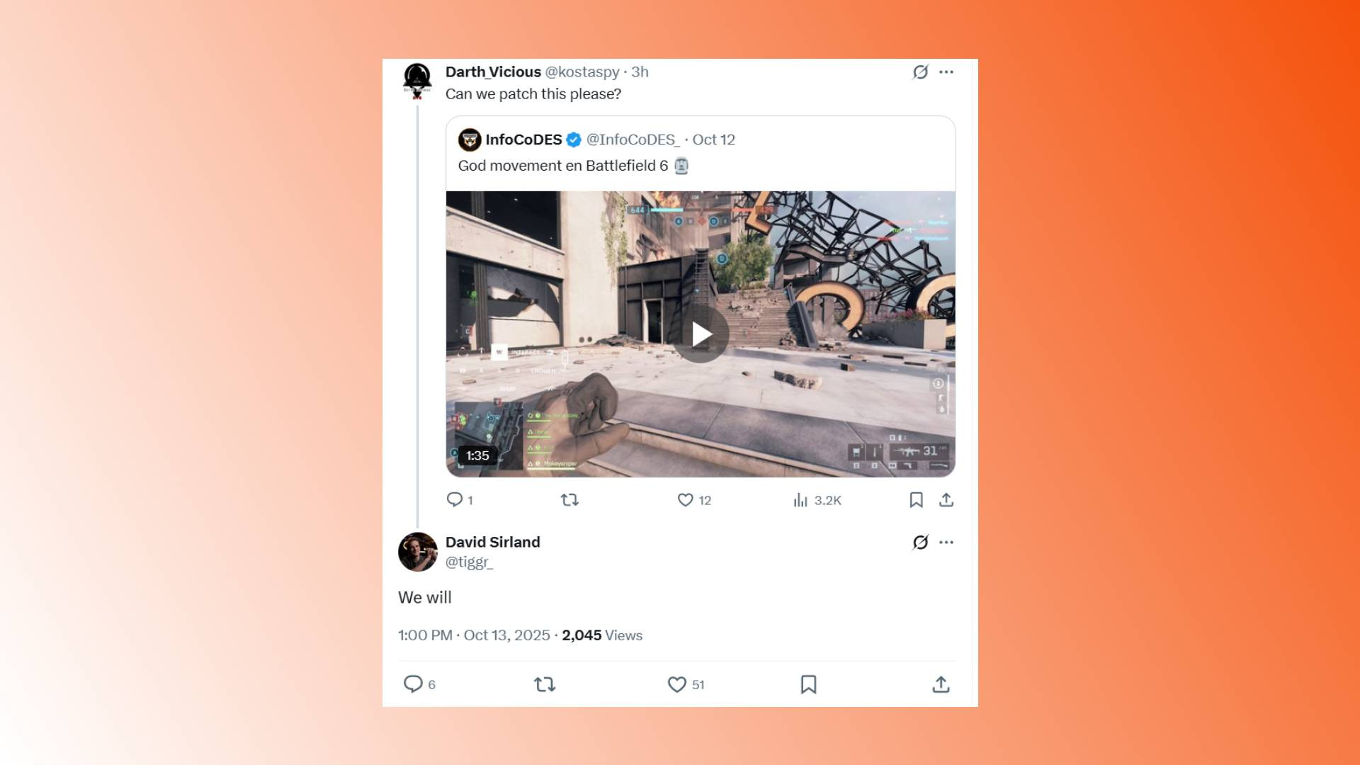 Разработчик Battlefield 6 в Twitter отвечает "we will" по поводу патча бага перемещения.