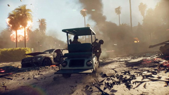 Battlefield 6, бесплатная неделя California Resistance: двое солдат на гольф-каре влетают в зону боя